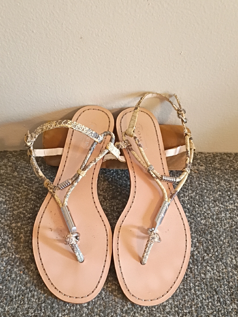 Coach Metallic Snake-Print T-Strap Sandals in Beige and Silver